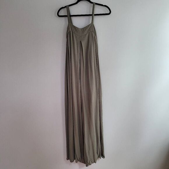 Shinestar wide leg lightweight jumpsuit pantsuit pale olive green pockets sleeve - Picture 1 of 11